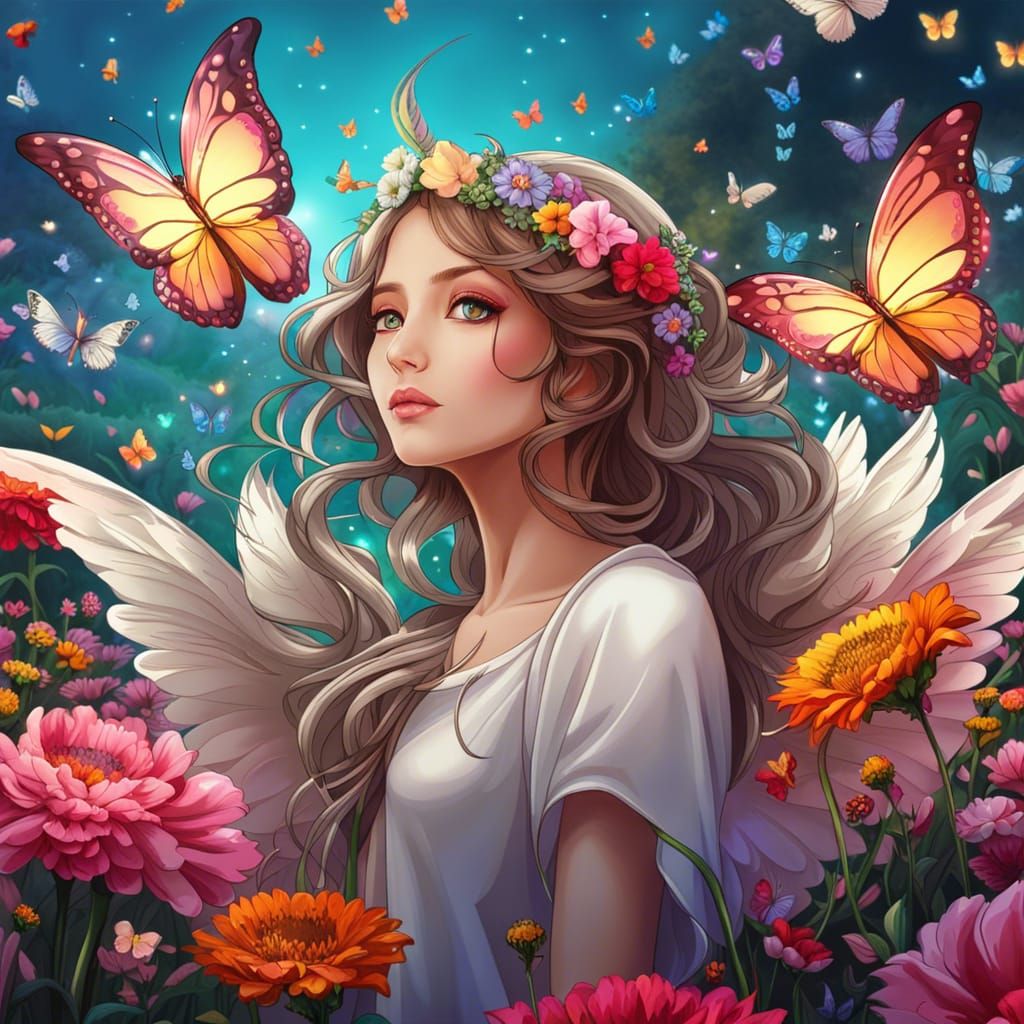 Anime Angel in Flower Field with Butterflies
