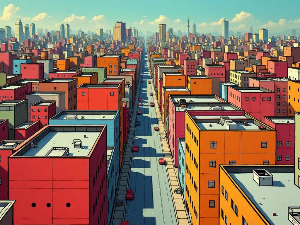 Cityscape in Graphic Comic Book Style with Bright Colors and...