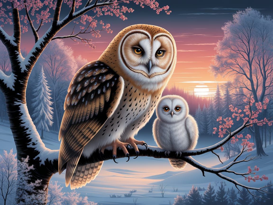 Grumpy Barn Owl With Adorable Owl Companion on Cherry Blosso...