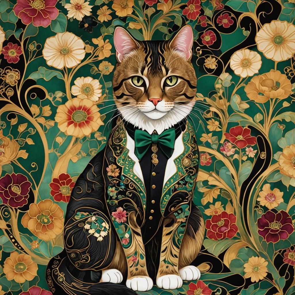 Tuxedo cat(by style "art nouveau": 1.9) rich,oily colours, black outline
