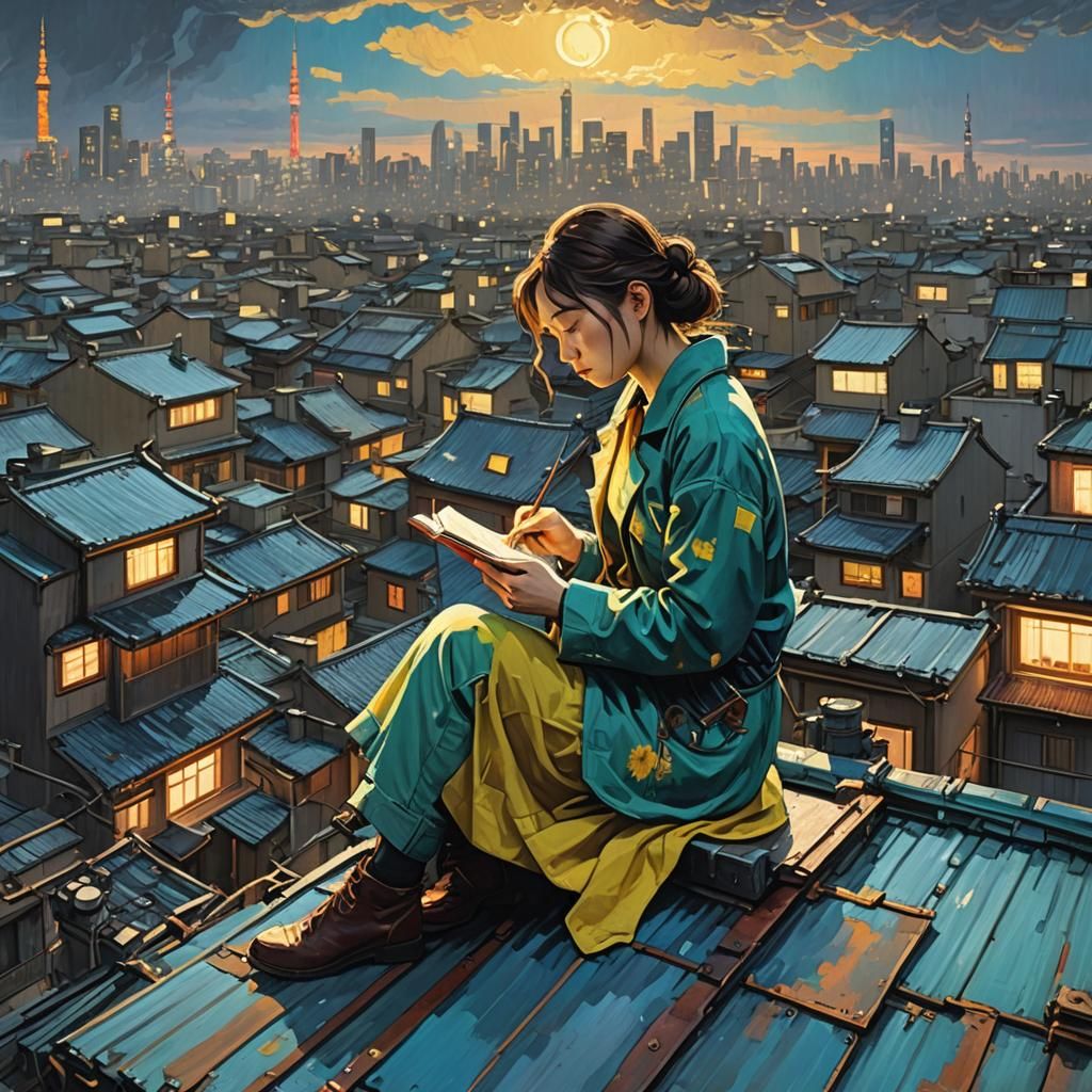 Tokyo Rooftop Reader in Van Gogh Style