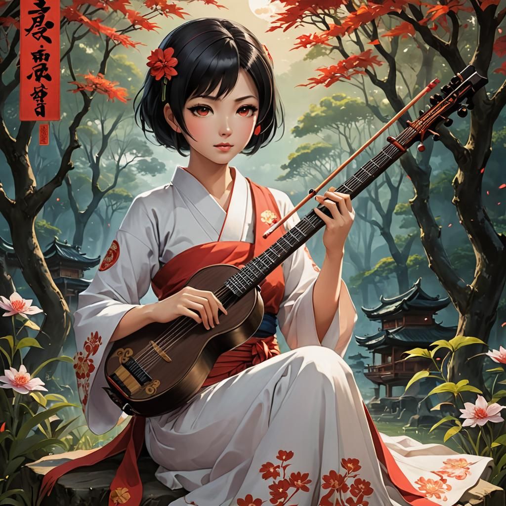 Anime Woman Playing Shamisen Album Cover