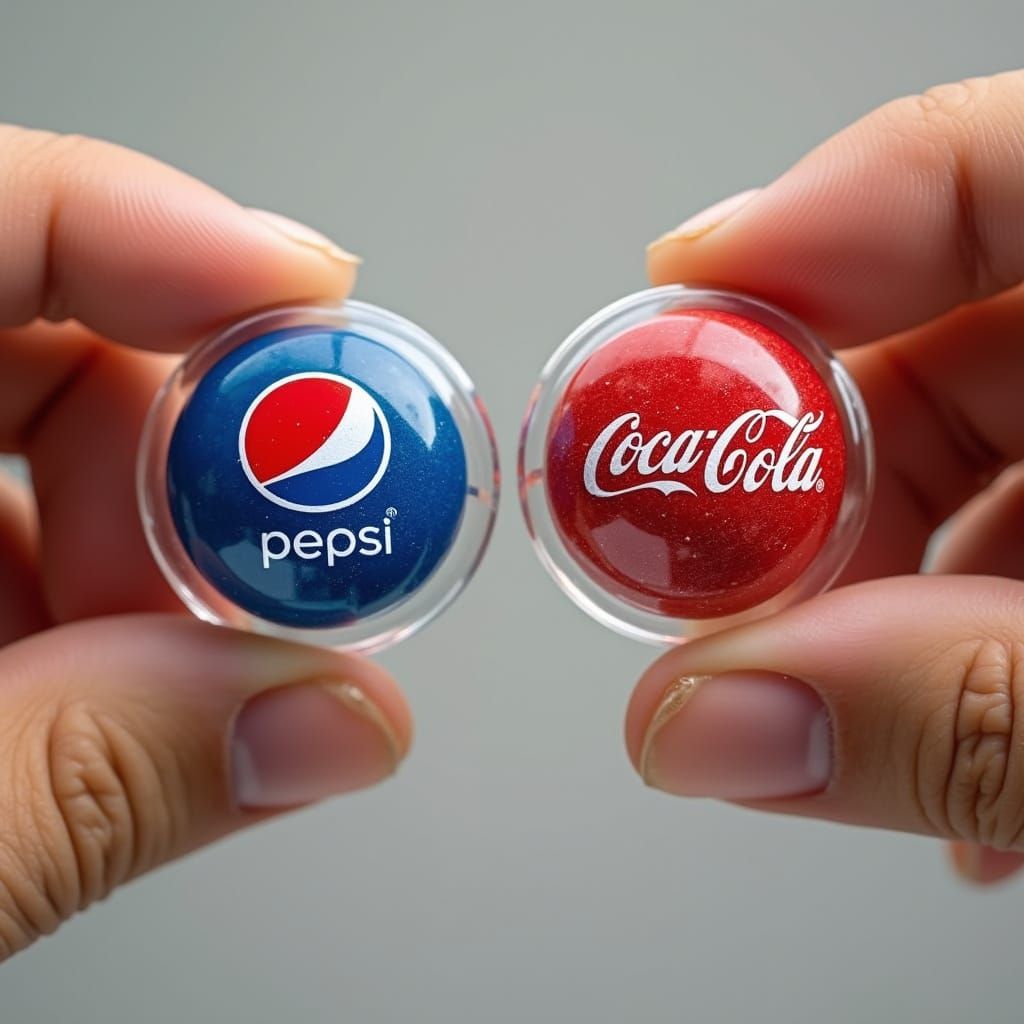 Hands Hold Coca Cola and Pepsi Logos in Clear Capsules