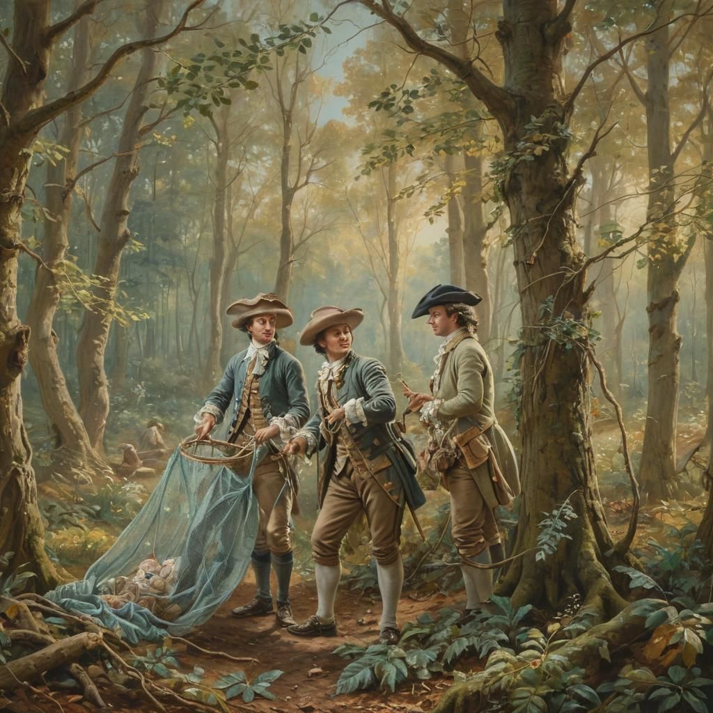 Rococo Bird Catchers in Forest with Pastel Colors