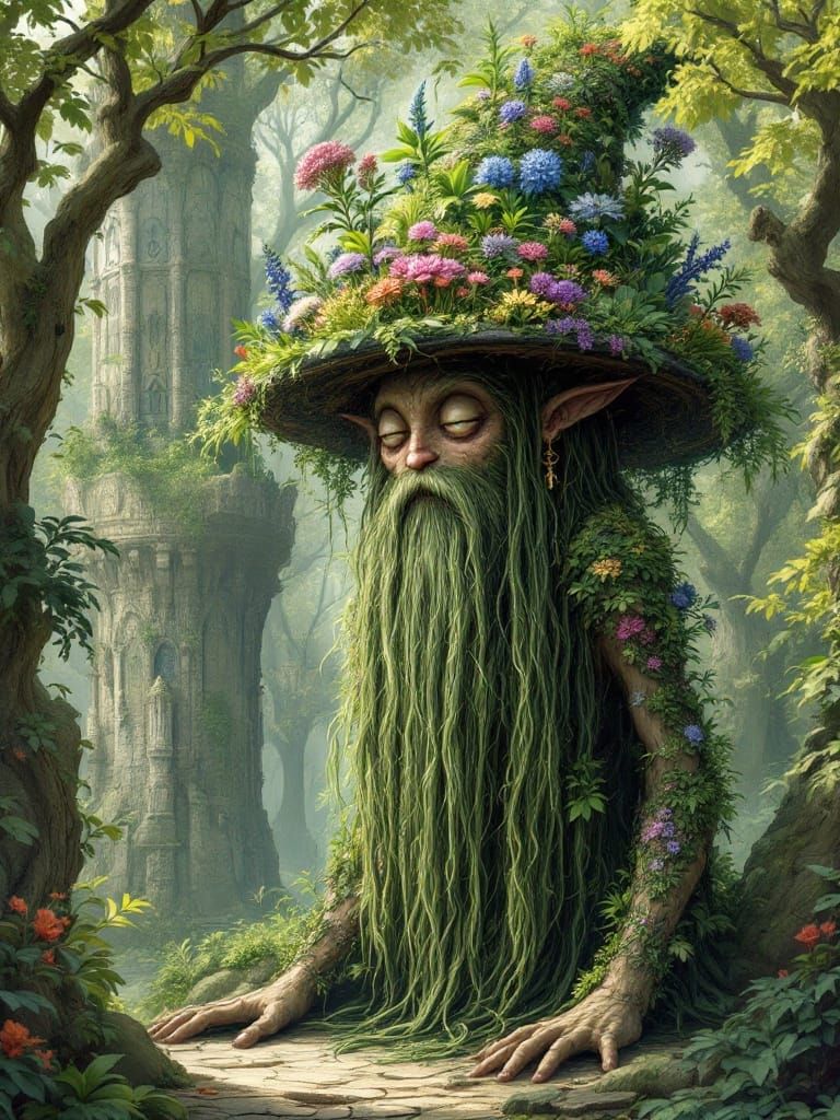Enchanted Dryad Wizard in Medieval Fantasy Landscape