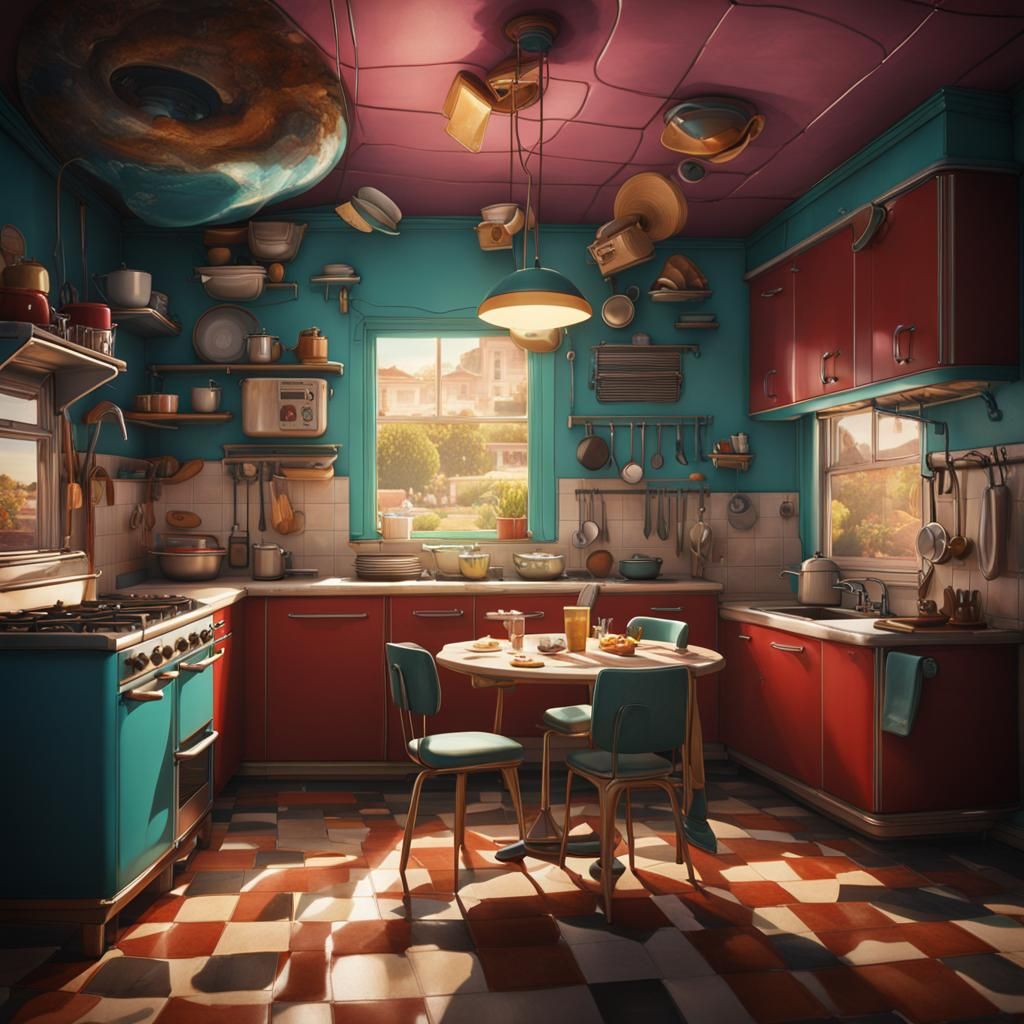 Chair Stuck to Ceiling in Fifties Kitchen