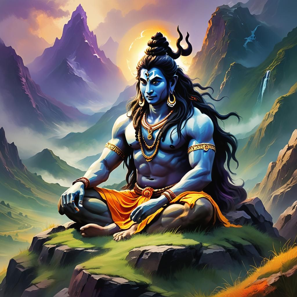 Lord Shiva Meditation: Vibrant Oil Painting