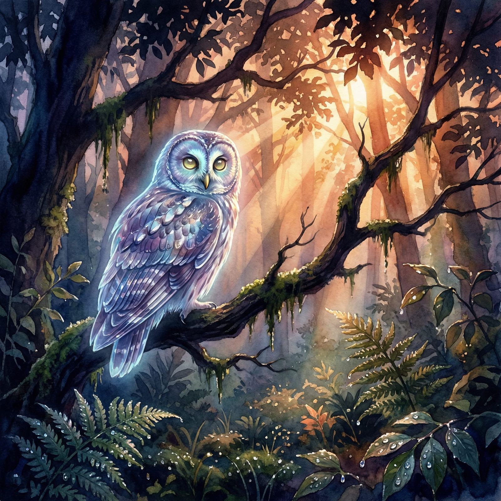 Spectral Owl Awakens in Dawn Forest Light