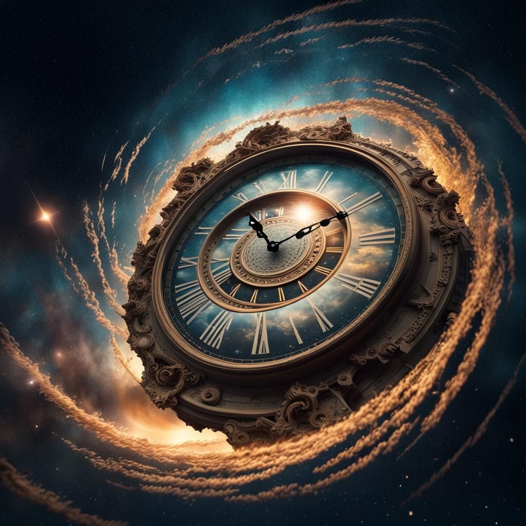 Clock Face Swirling Through Cosmos in Digital Painting