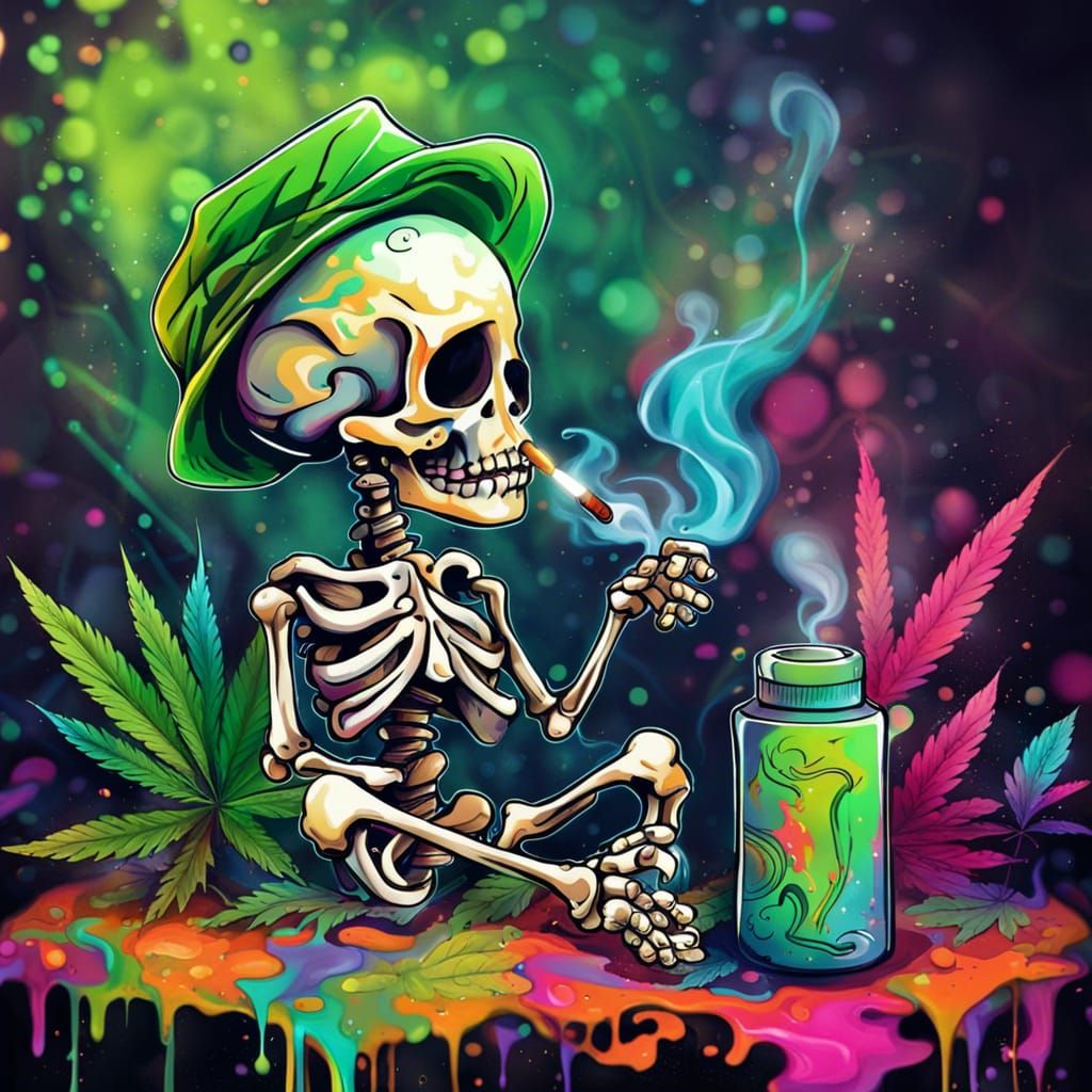 Colorful Chibi Skeleton Smoking Joint Graffiti Art