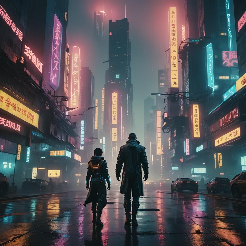Cyborg in Cyberpunk Cityscape: Cinematic Film Still