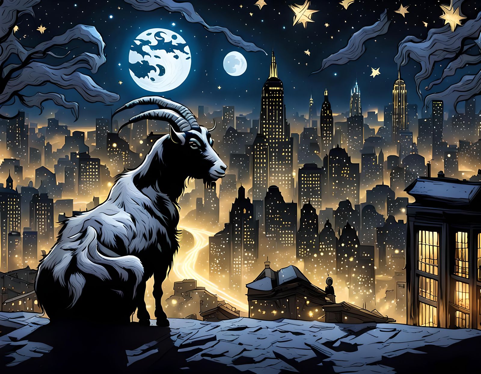 Gotham City Starry Night with Goat, DC Comics Style