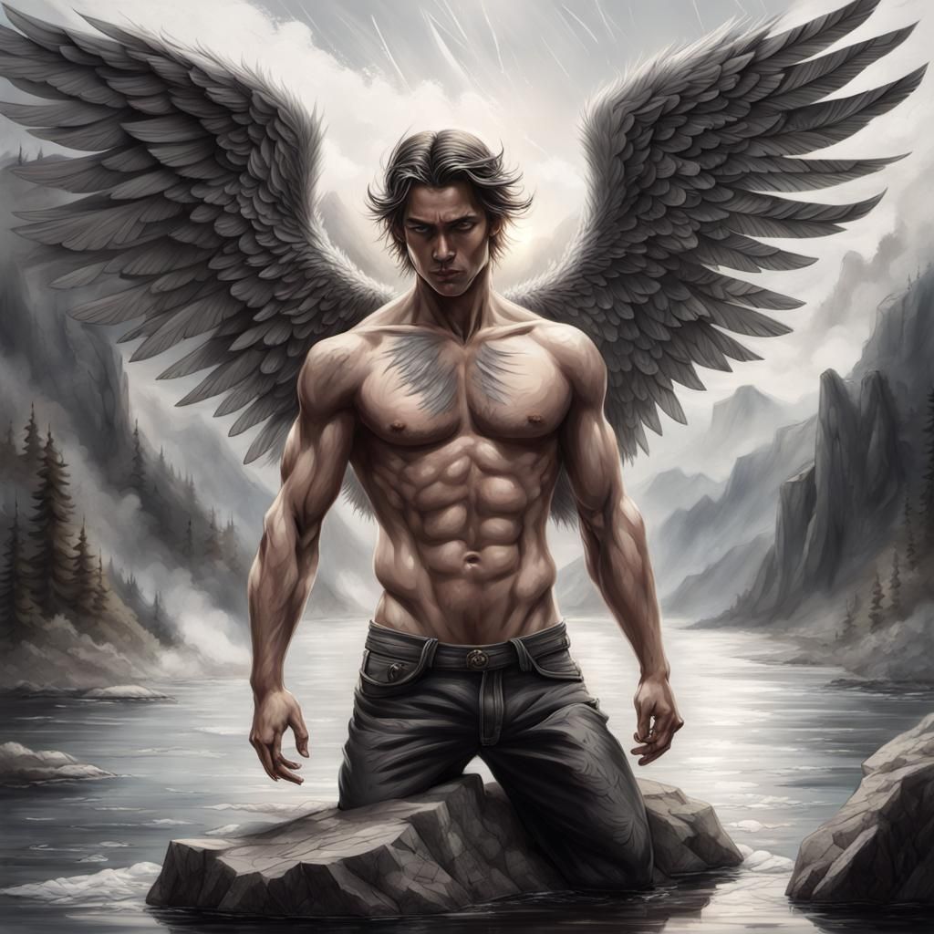 Dramatic Charcoal Art: Fallen Angel in Sunlight