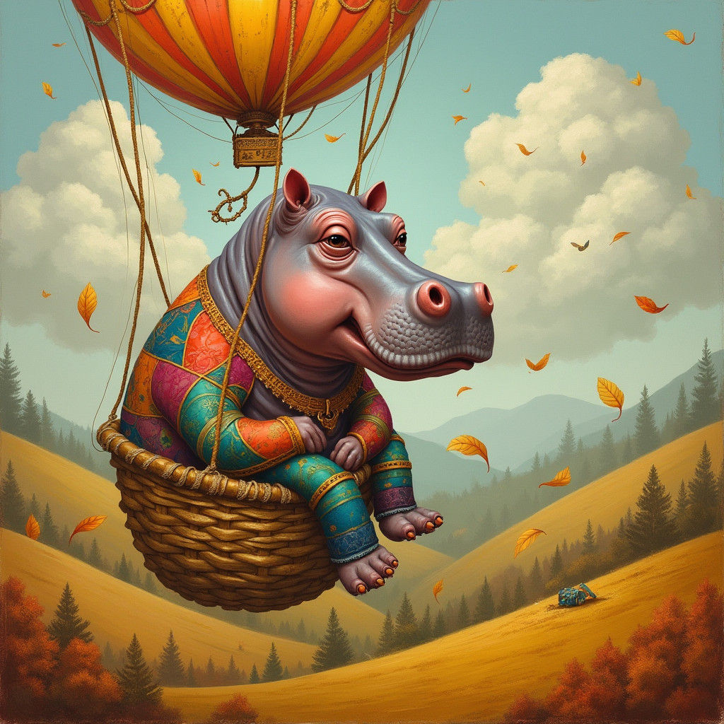 Patchwork Hippo Balloon Flight Over Autumn Hills