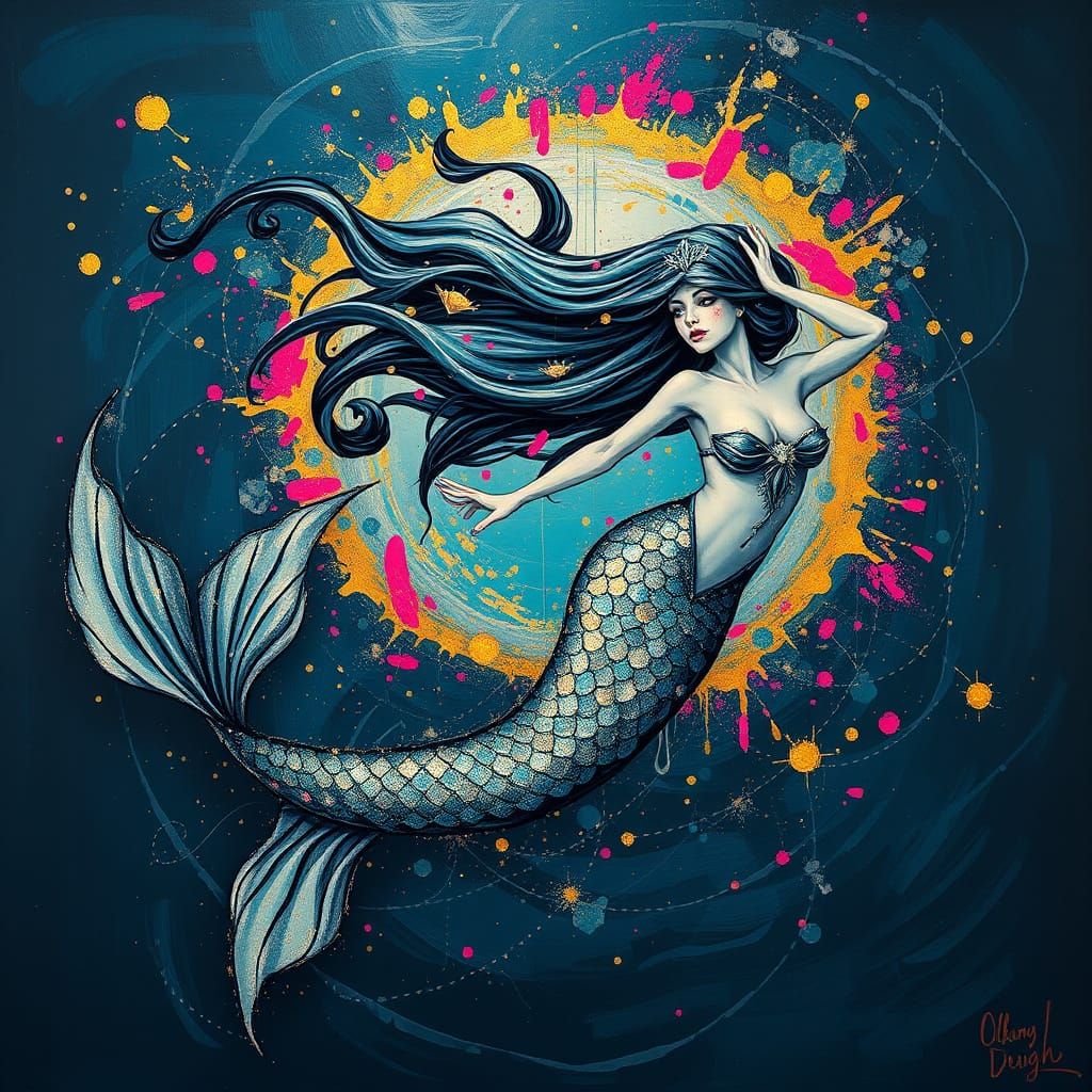 Mermaid in Glittering, Iridescent Scales, with Diamond Accen...