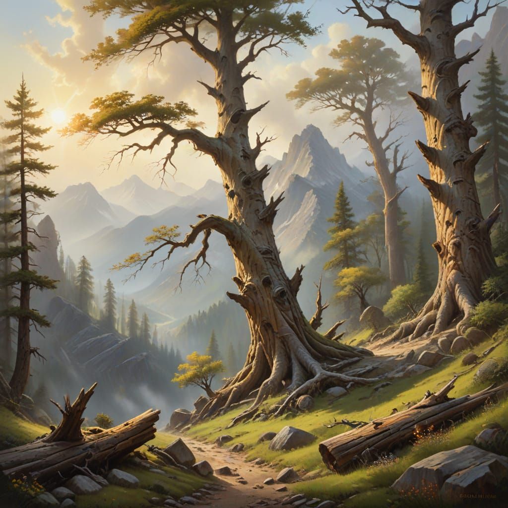 Serene Mountainscape in Oil Painting Style