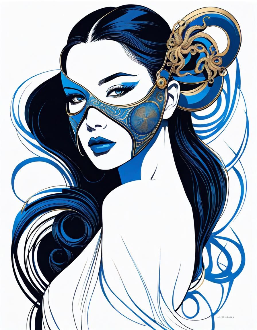 Single line drawing, depicting an over the shoulder shot of a beautiful women wearing a octopus face mask