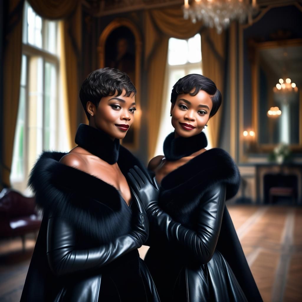 Black Royal Women Embrace in Opulent Manor
