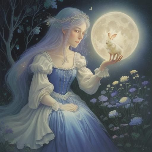 Mystical Garden: Woman, Rabbit, and Orb in Moonlight