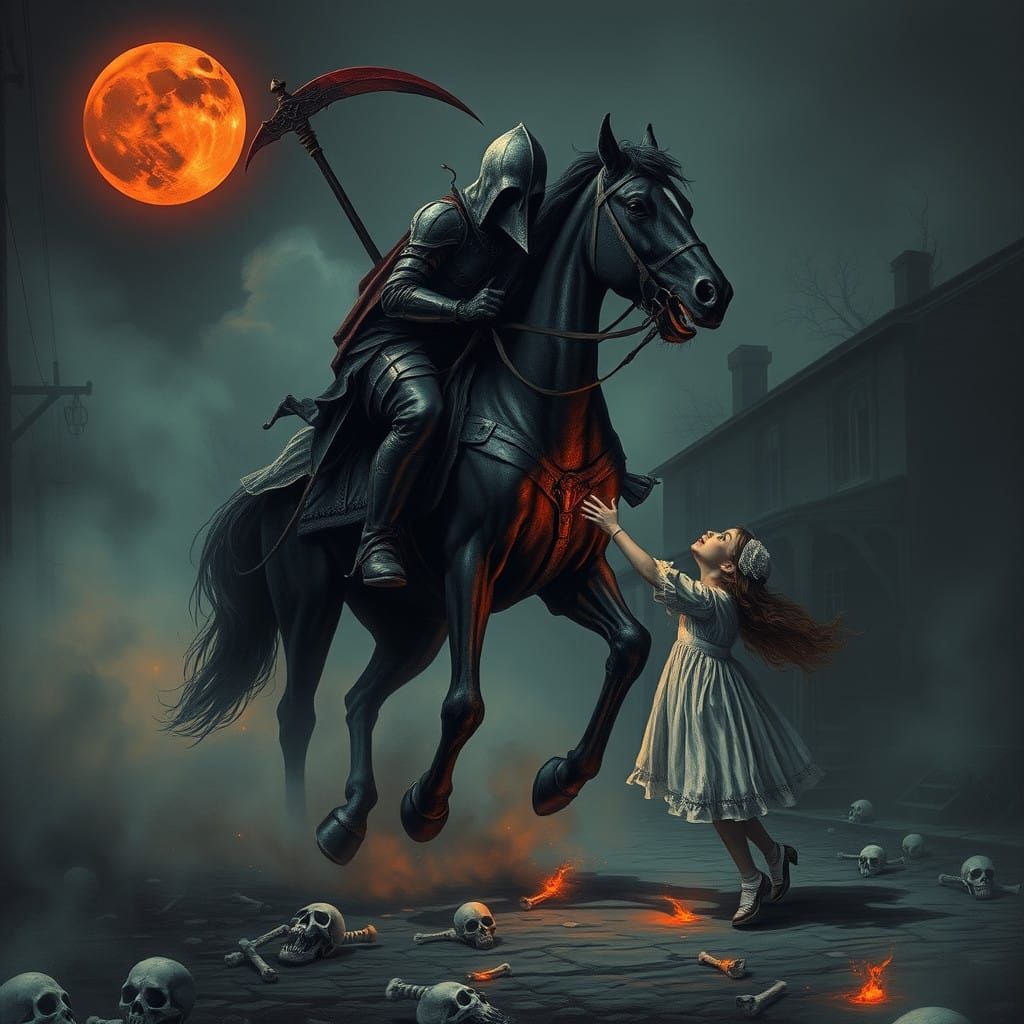 Eerie Headless Horseman Rides Through Dark Town Under Blood...