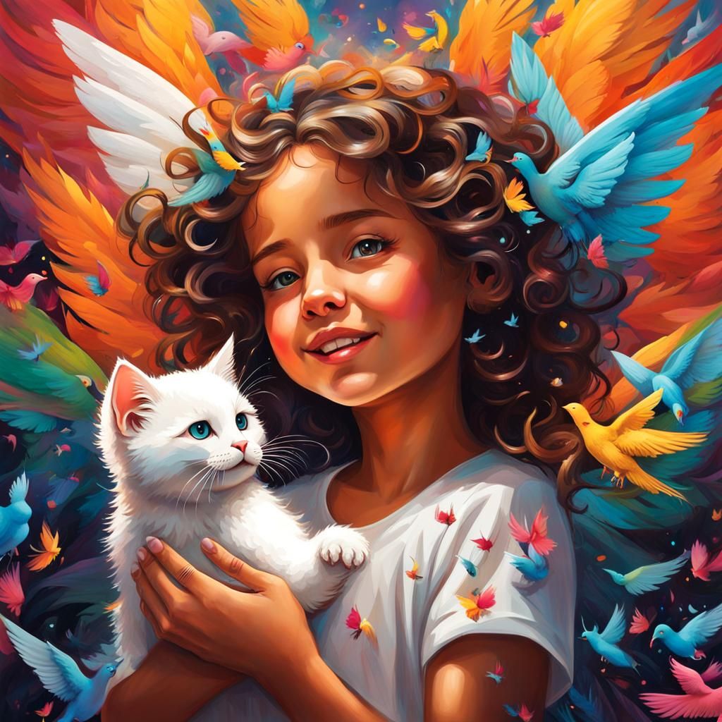 Angel Giving Kitten to Girl, Splash Art Style