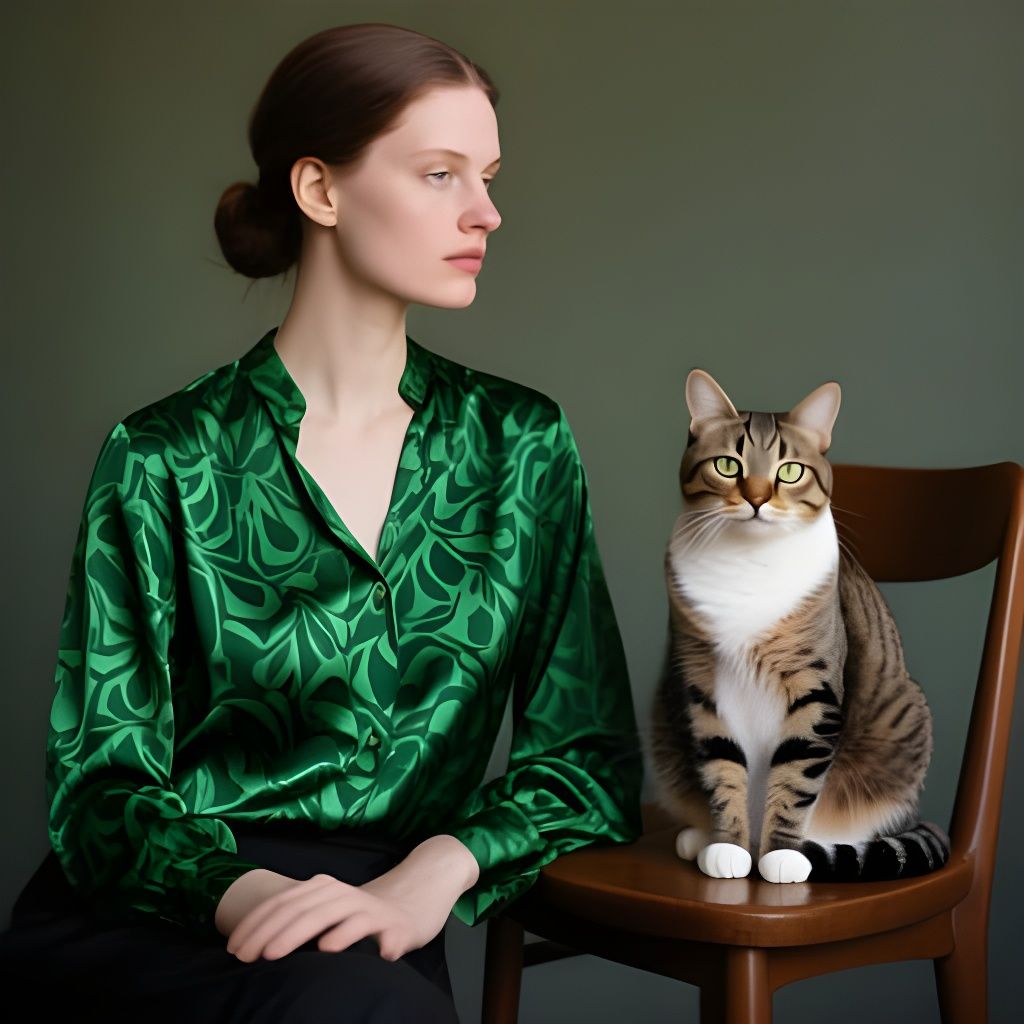 Elegant Woman Portrait with Cat in Silk Blouse