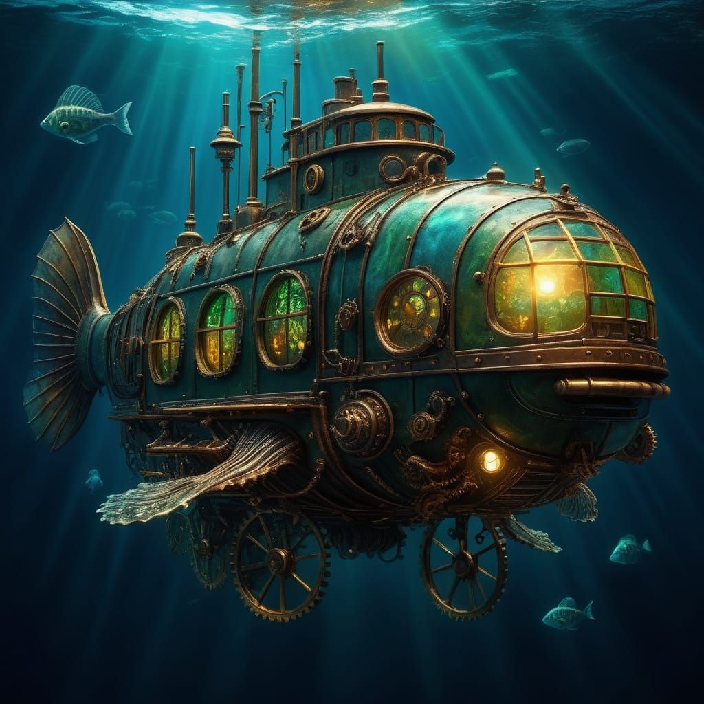 Steampunk Submarine in Ocean Depths, Digital Art