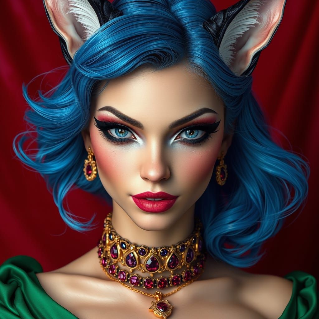 Vibrant Blue-Haired Demon Cat Woman with Feline Features and...