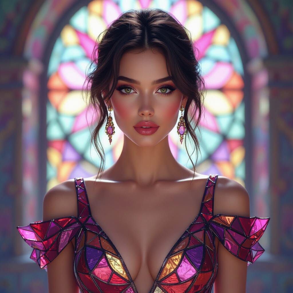 Hyperrealistic Woman in Stained Glass Dress with Radiant Col...