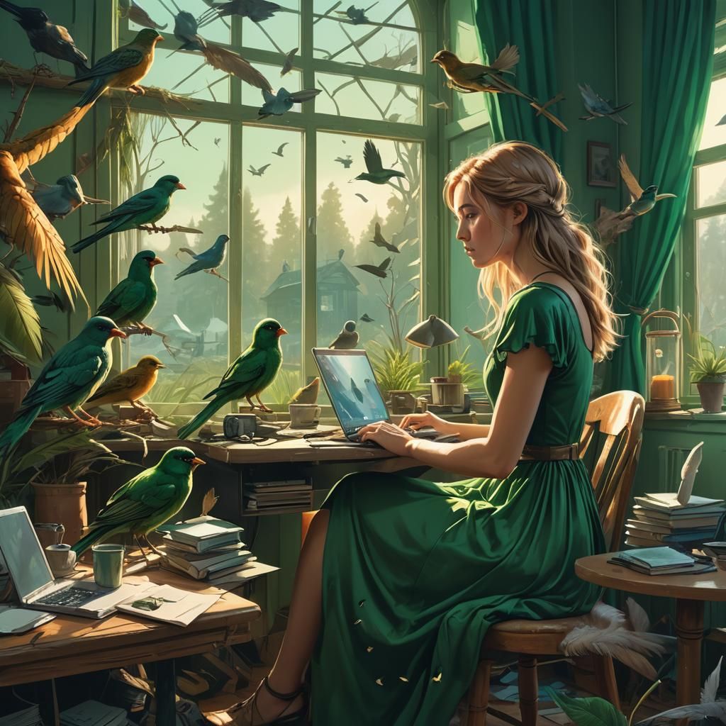 Girl with Birds: Surreal Fantasy Art