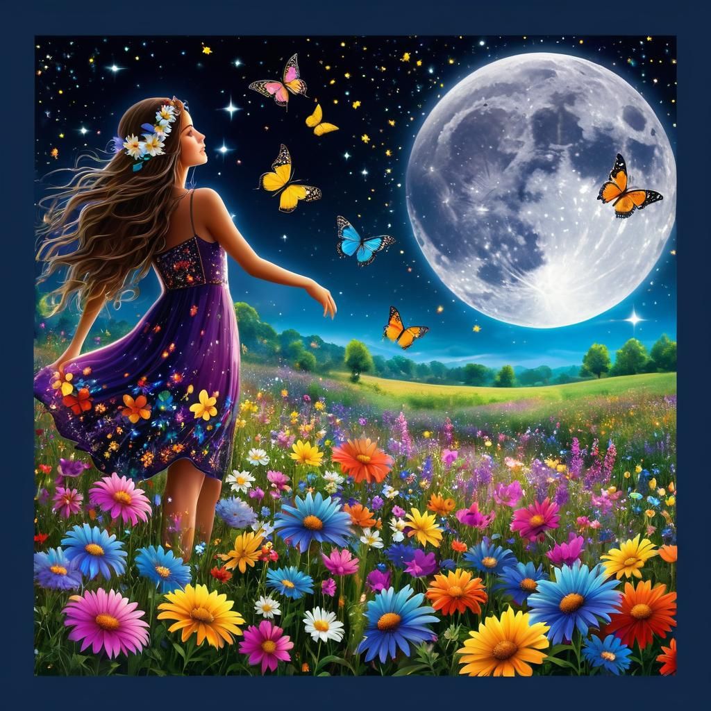 Enchanted Gypsy Under a Colorful Moonlit Sky