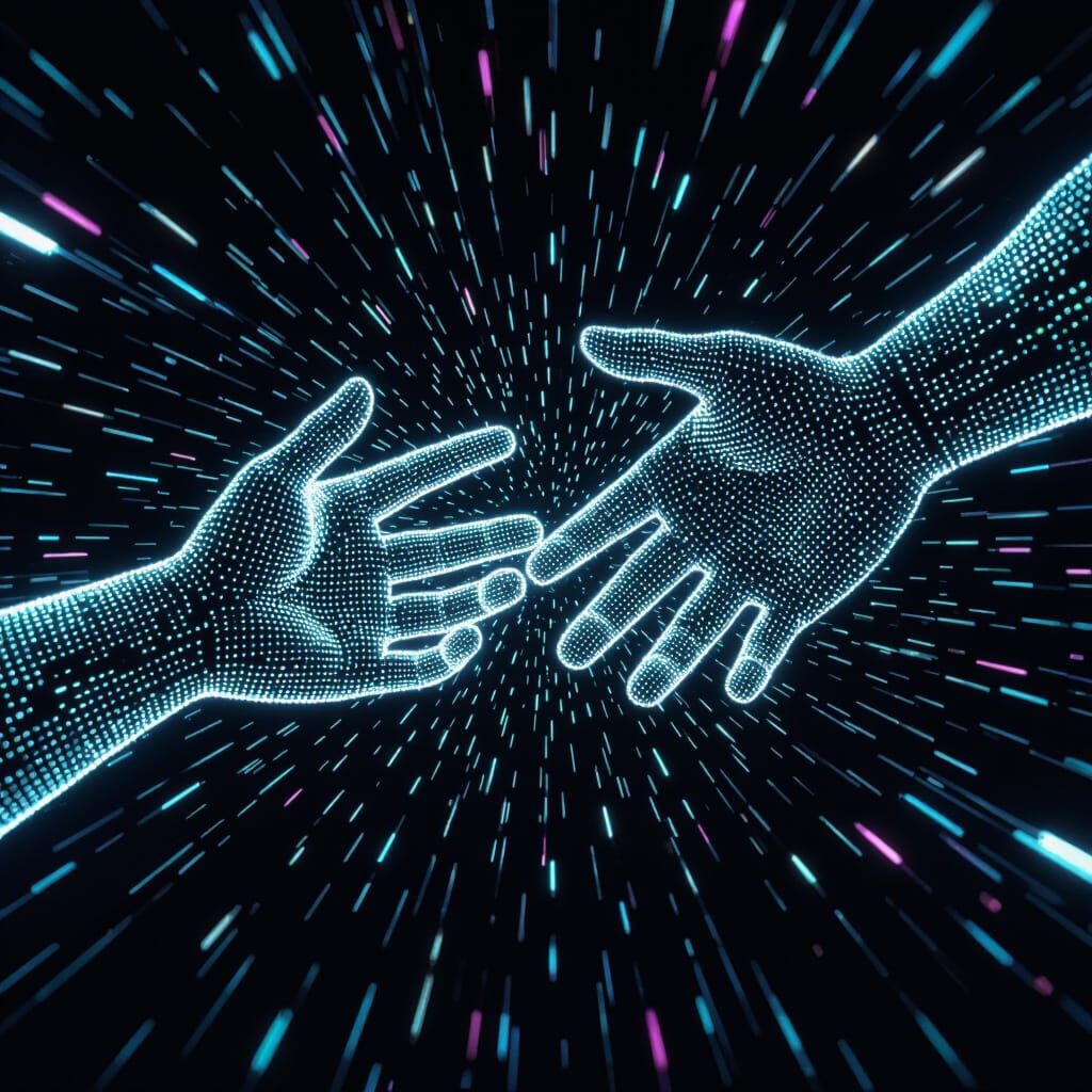 Pixelated Futuristic Hands in Digital Pointillism Style