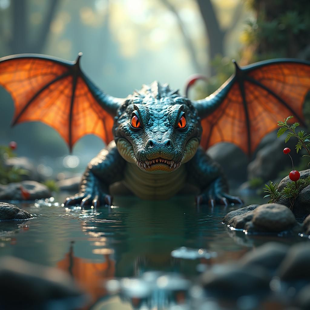 Mystical Snake Crocodile Bat Hybrid in Fantasy Setting