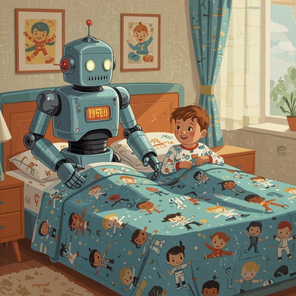 Retro Robot Nanny Tucking Children In