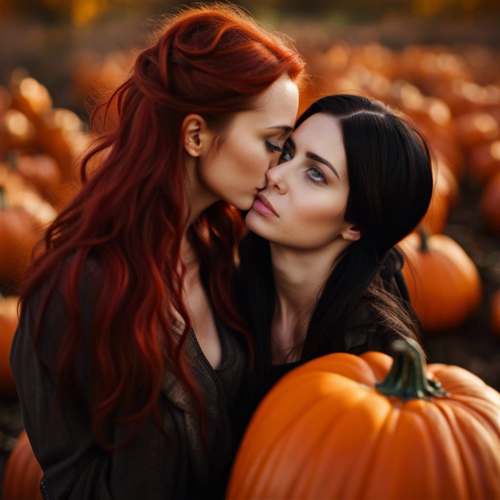 Women Kissing in Pumpkin Patch: Professional Photography
