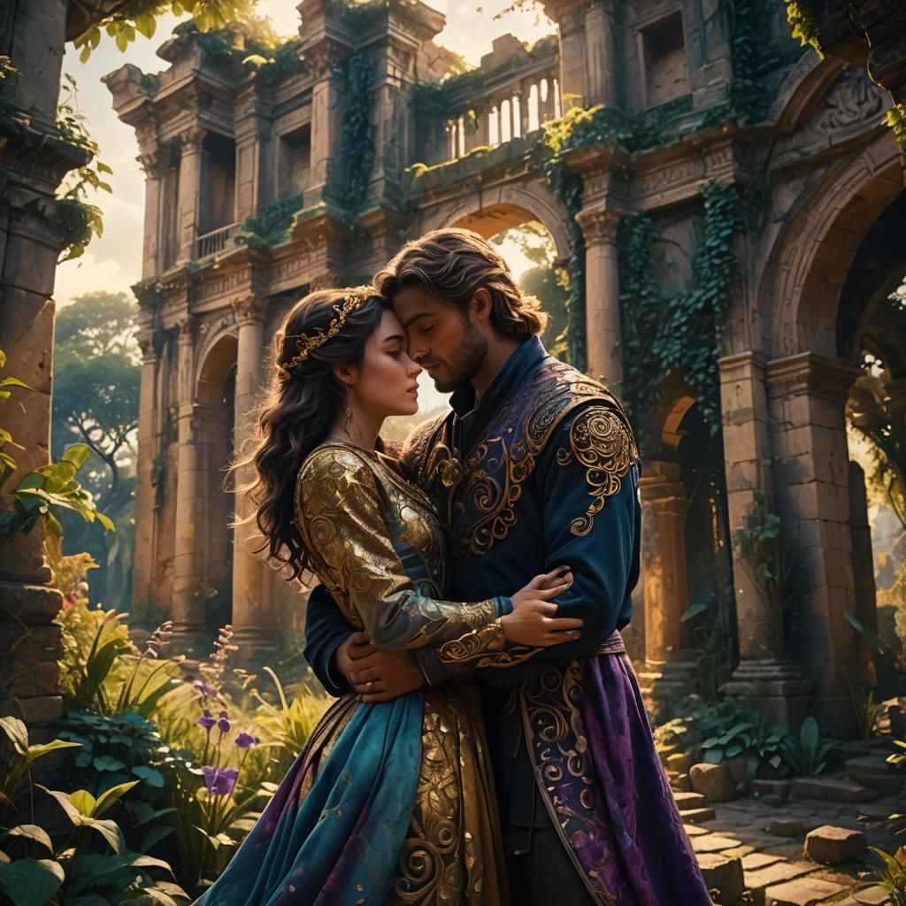 Lovers Embrace in Fantasy Garden, Art Nouveau Style