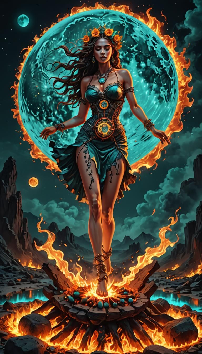 Goddess Dances on Coals Under Psychedelic Moon