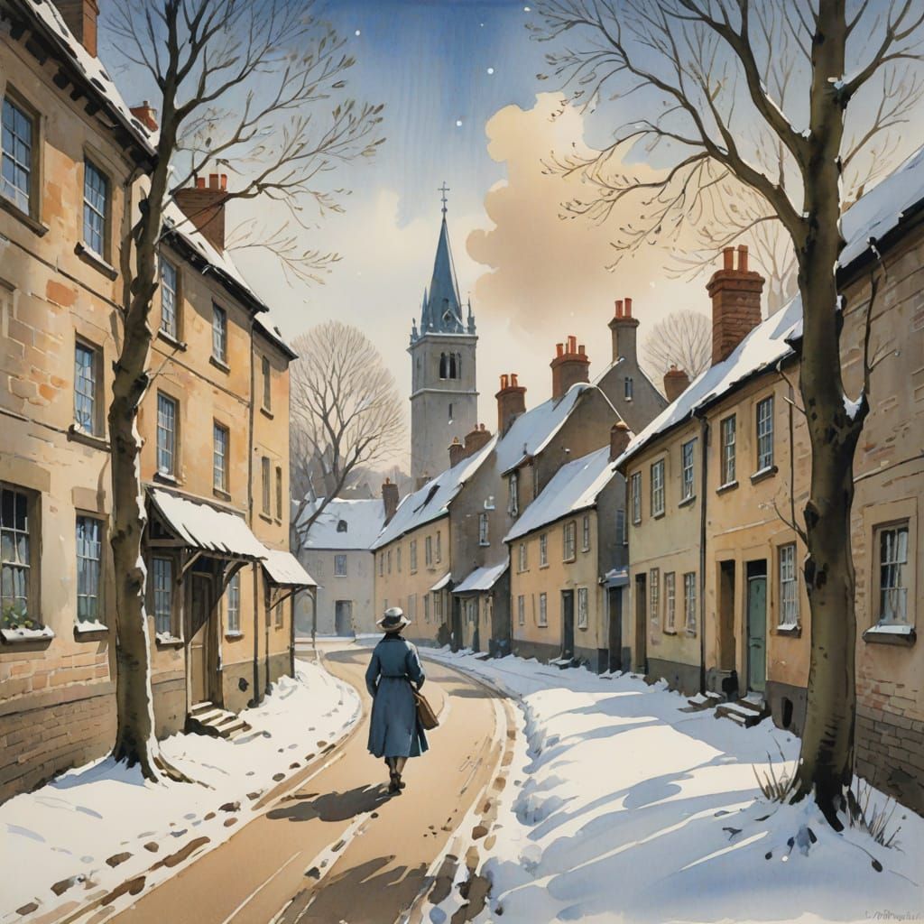 Winter Village Scene in Nostalgic Gouache Style