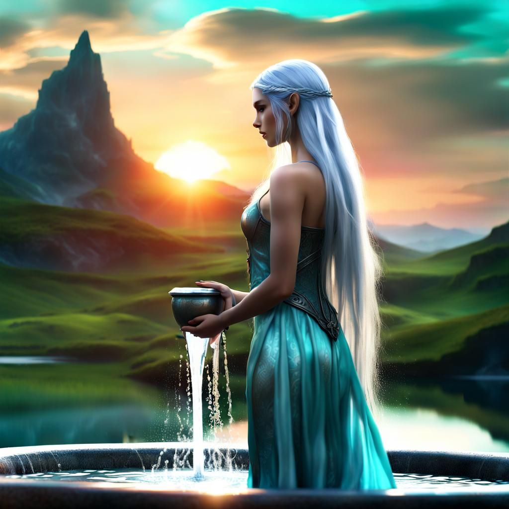 Elven Silhouette at Water Fountain in Watercolor Style