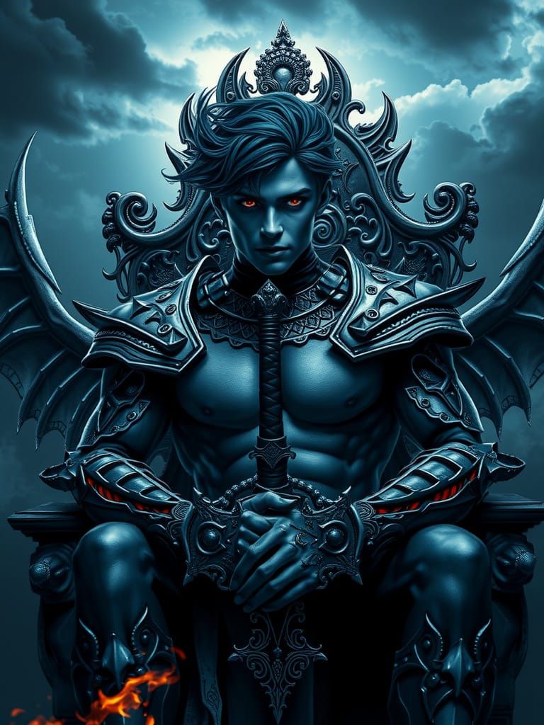 Dark God on Throne with Flaming Sword