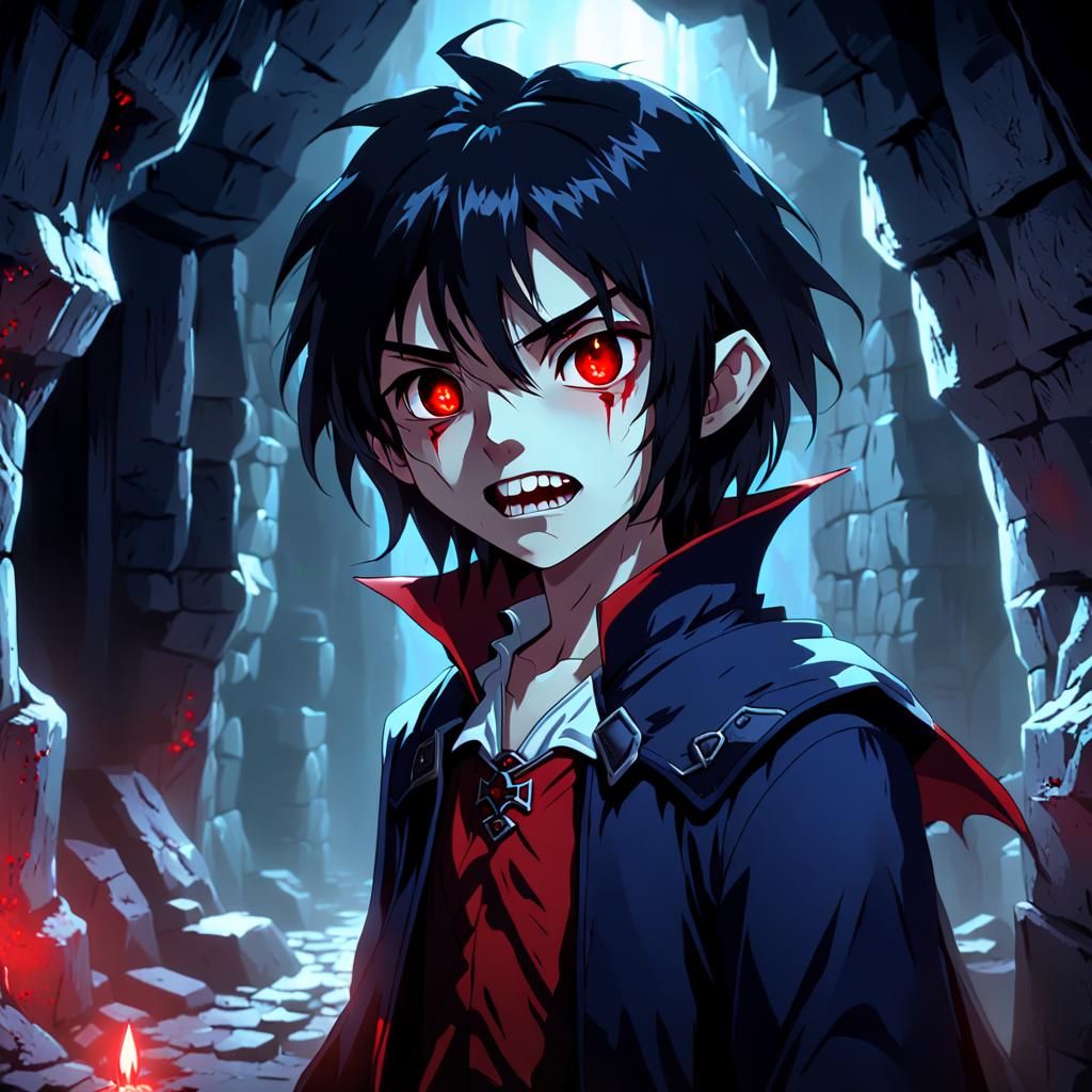 Eerie Anime Vampire in a Dimly Lit Cave