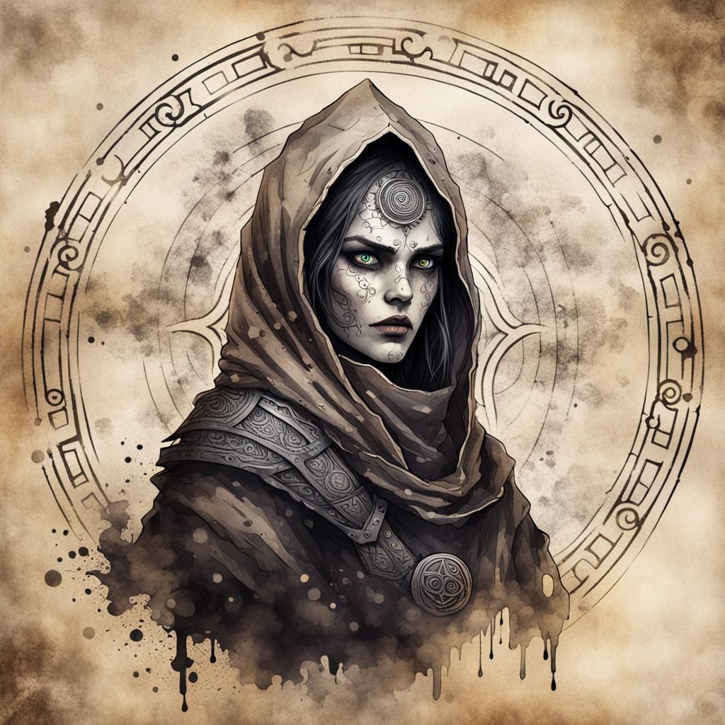 Ghostly Prophet in Runic Circle: Ink Illustration