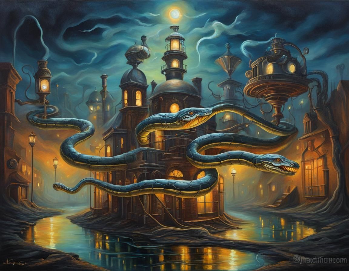 Steampunk Serpents in Surrealist Oil Painting