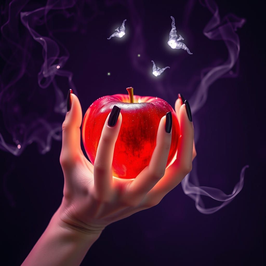 An otherworldly, pale, stark white, transparent female hand with long, slender fingers and long, shiny deep red lacquere...