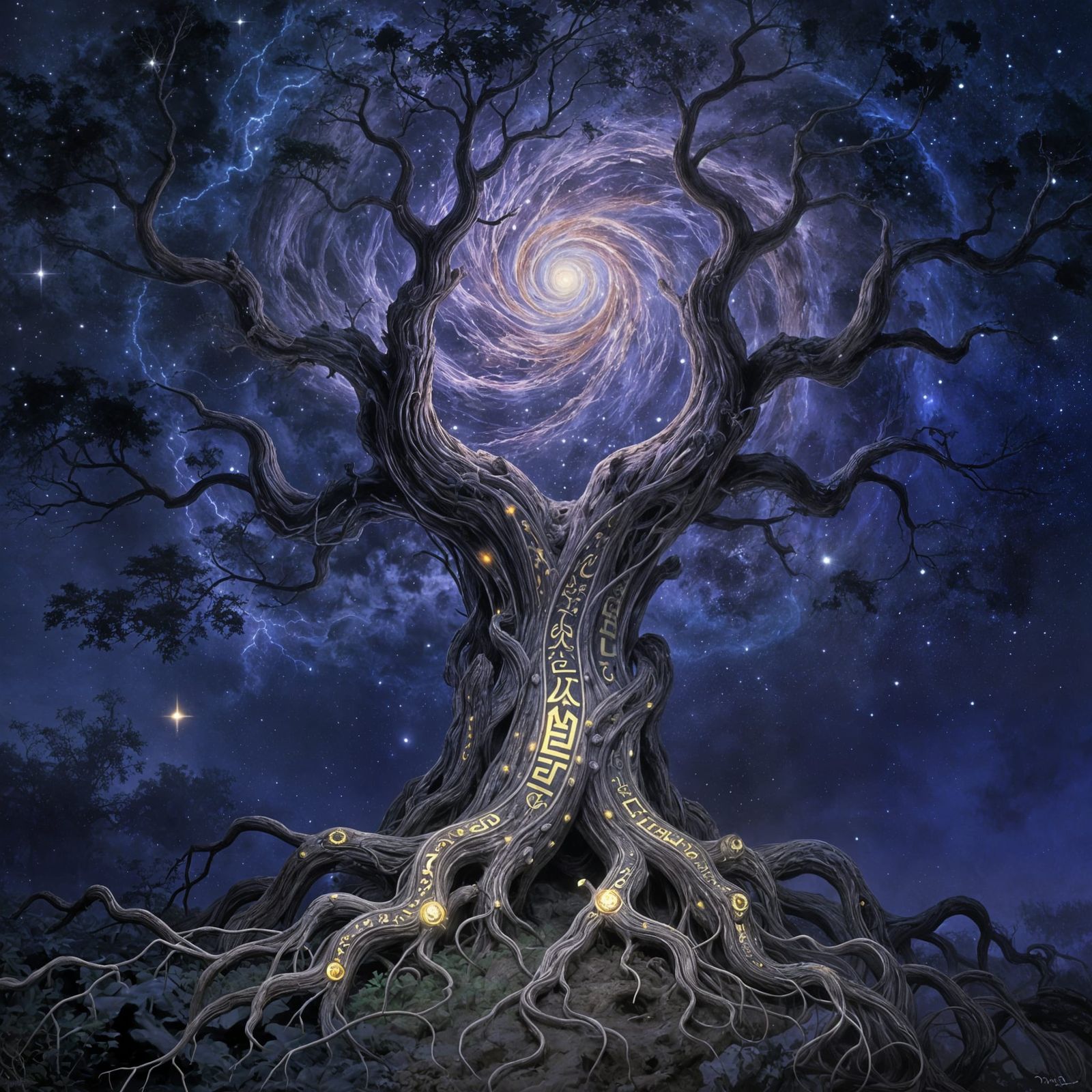 Ancient Tree in Nebula with Glowing Runes