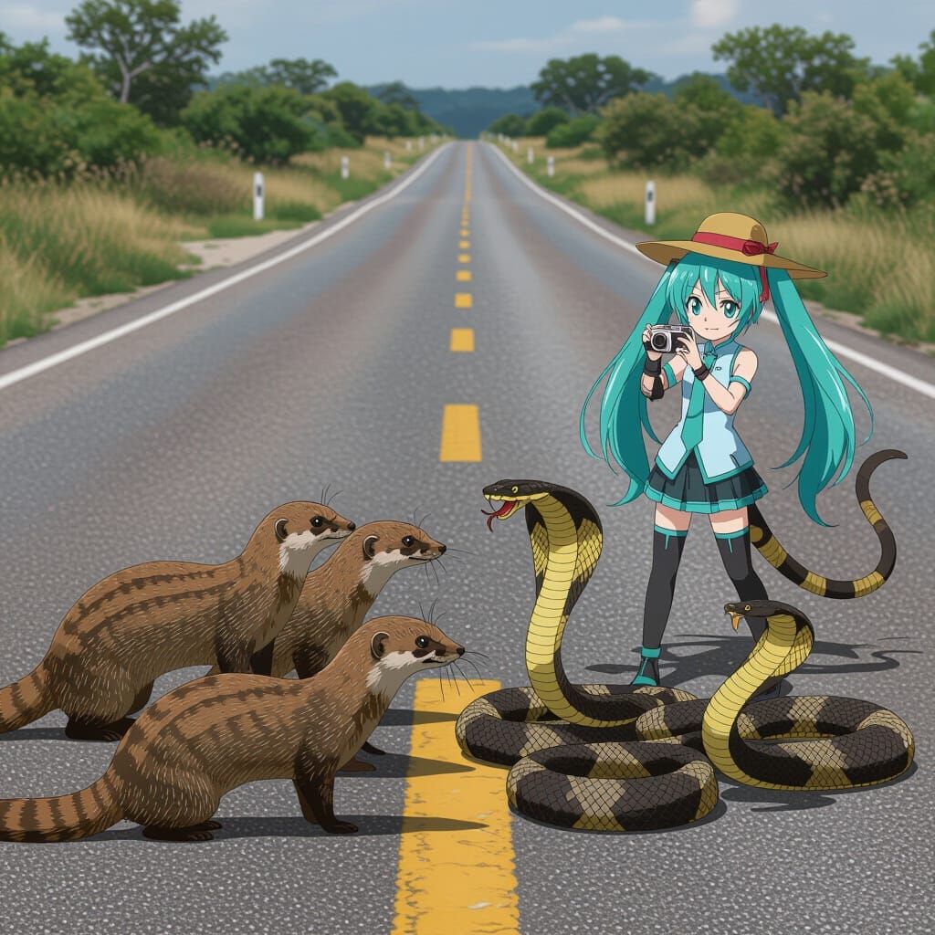 Mongooses and Cobras Battle on Open Road with Miku
