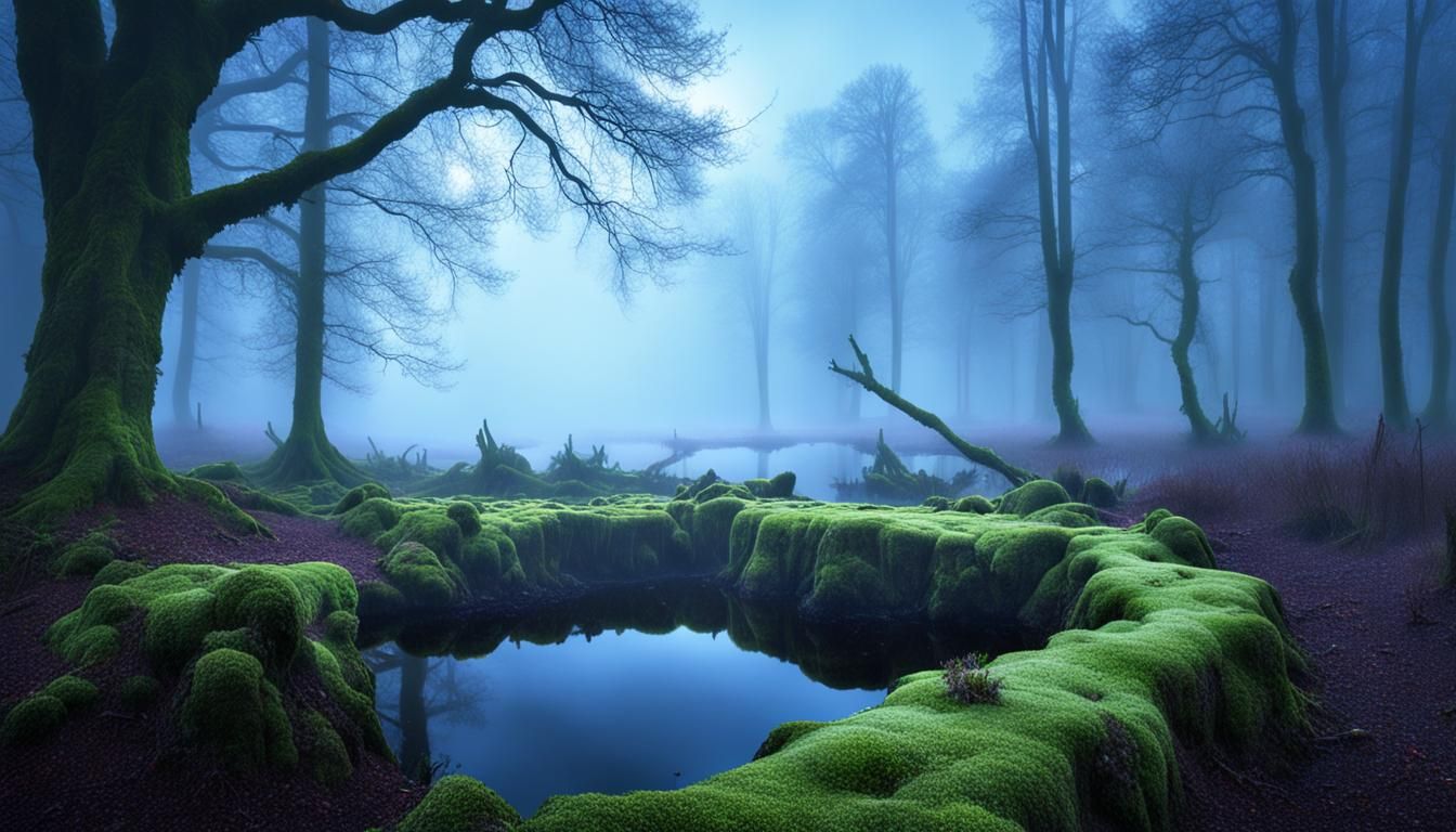 Mossy Pond in Foggy Woodland Scene