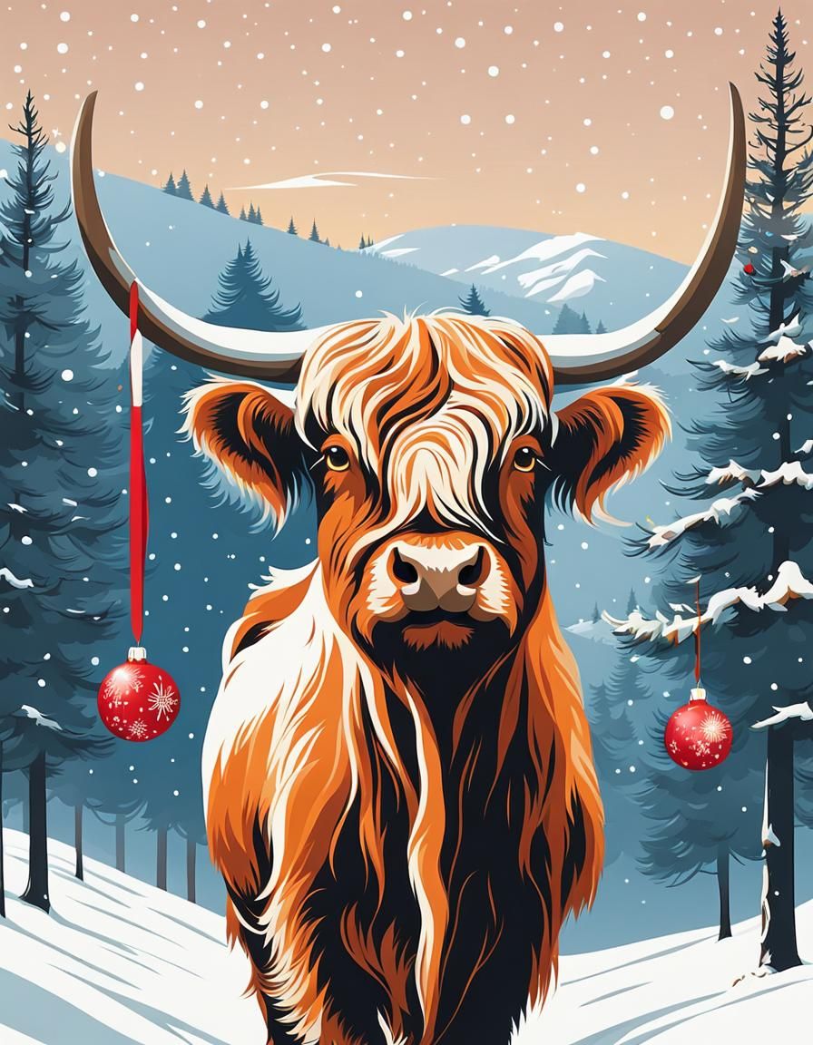 Festive Highland Cow Christmas Storybook Illustration