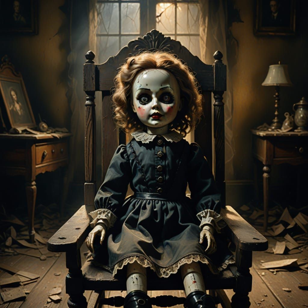 Surreal Gothic Oil Painting of a Haunted, Cracked Doll in an...