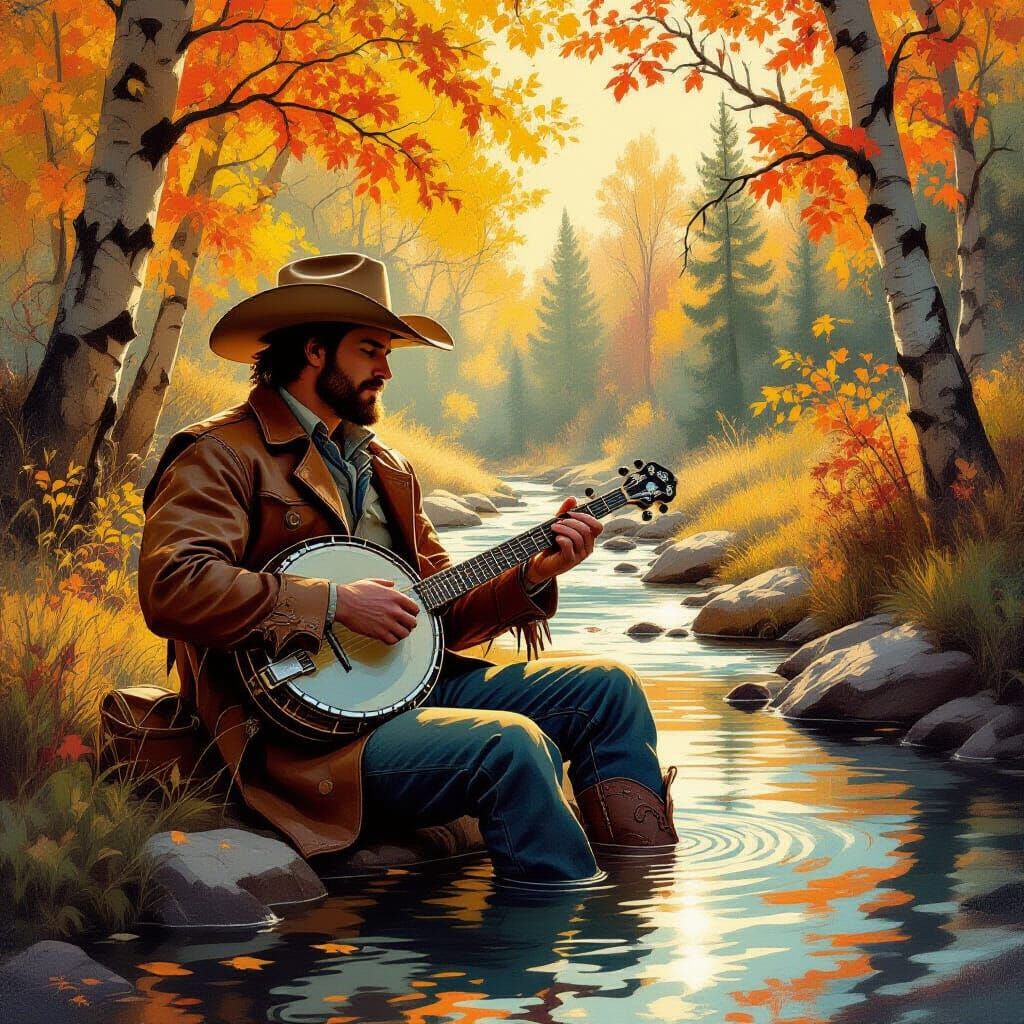 Cowboy with Banjo by Forest Stream in Painterly Style
